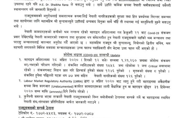 बहराईनमा थप ७७ जना नेपालीमा कोरोना संक्रमण
