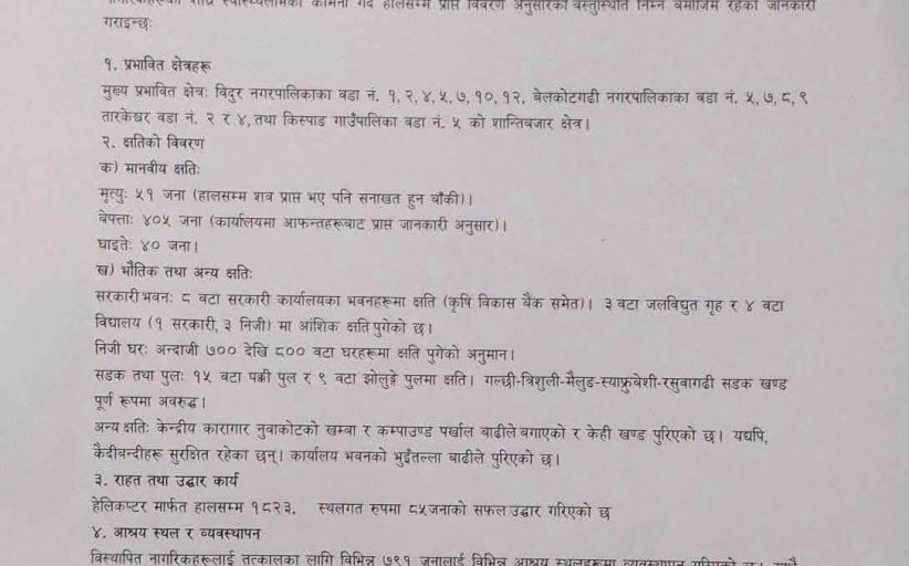 जिल्ला प्रशासनले भन्योः नुवाकोटमा ५१ जनाको मृत्यु ४०५ जना बेपत्ता